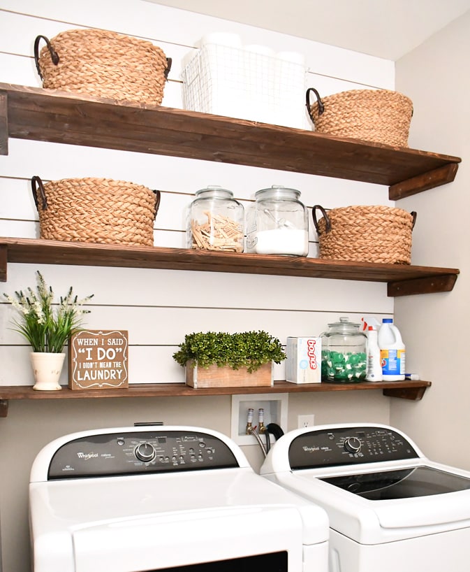 Laundry Room Shiplap and DIY Wood Shelves - Easy Tutorial