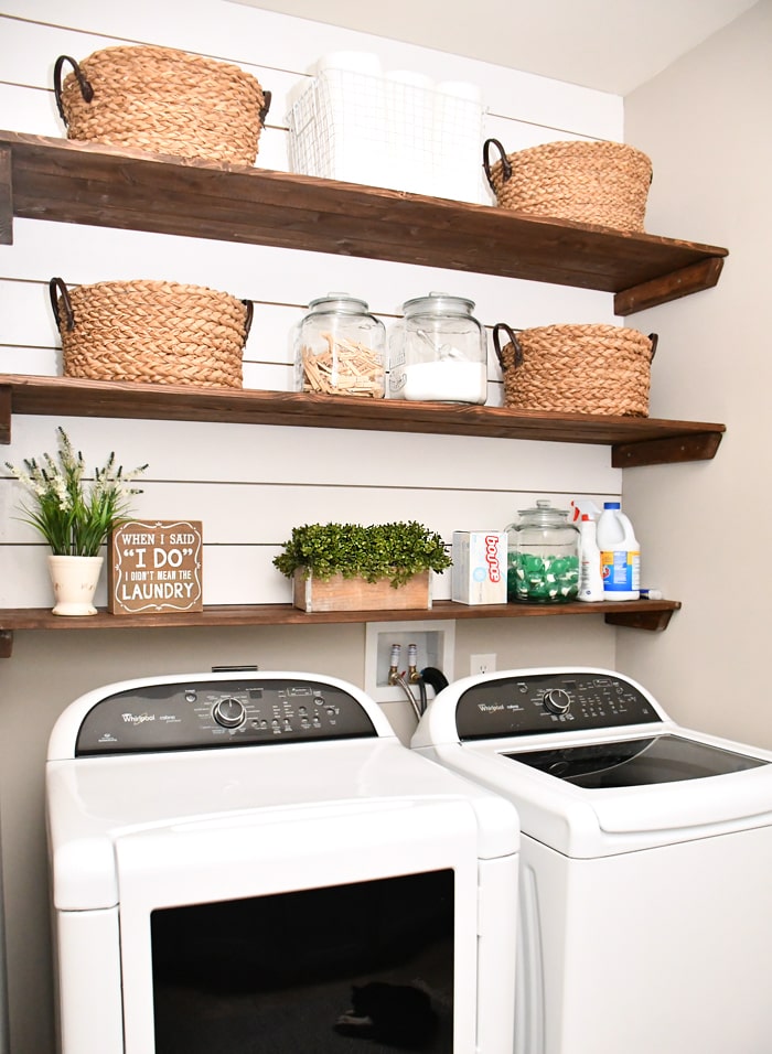 Budget Laundry Room Makeover with DIY Shiplap and Stained Shelves