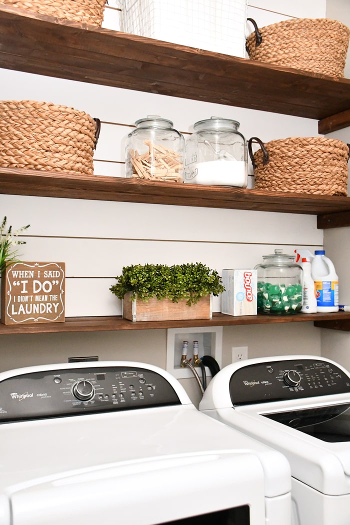 Budget Laundry Room Makeover with DIY Shiplap and Stained Shelves