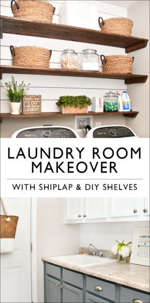 Budget Laundry Room Makeover with DIY Shiplap and Stained Shelves