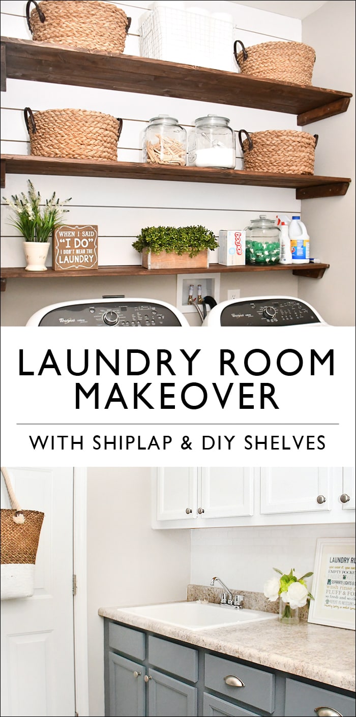 Budget Laundry Room Makeover with DIY Shiplap and Stained Shelves