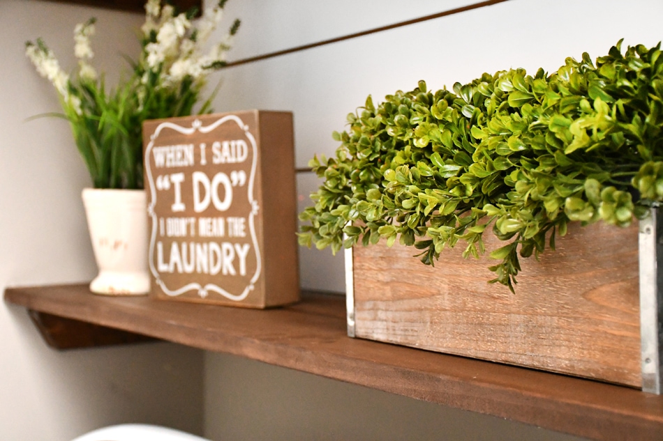 Budget Laundry Room Makeover with DIY Shiplap and Stained Shelves