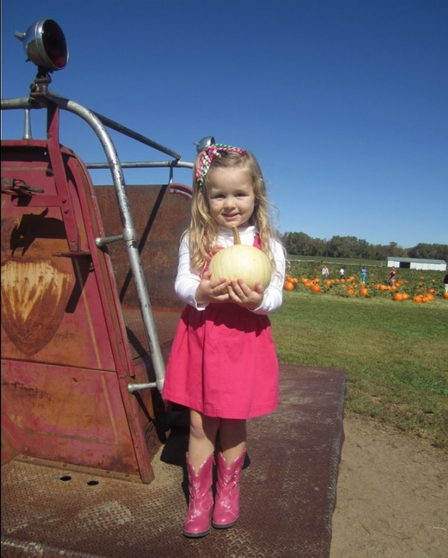 Little girl in pink dress and boots on truck in pumpkin patch.