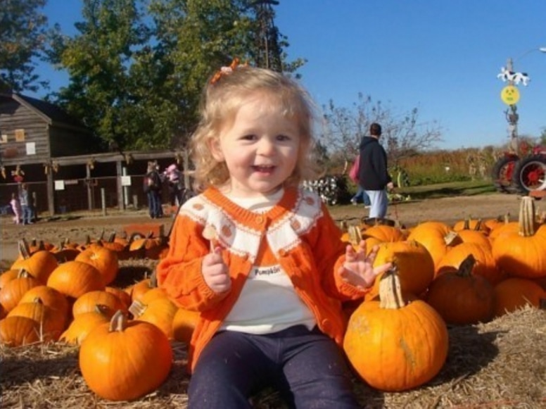 Little girl in an orange sweater surrounded by pumpkins.