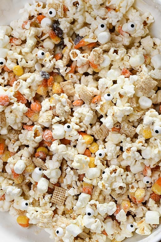 Up close picture of popcorn munch mixture.