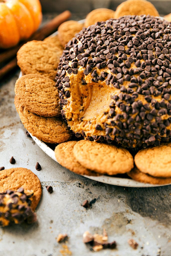 Pumpkin cheesecake ball with chocolate chips covering it and cookies on the plate around it.