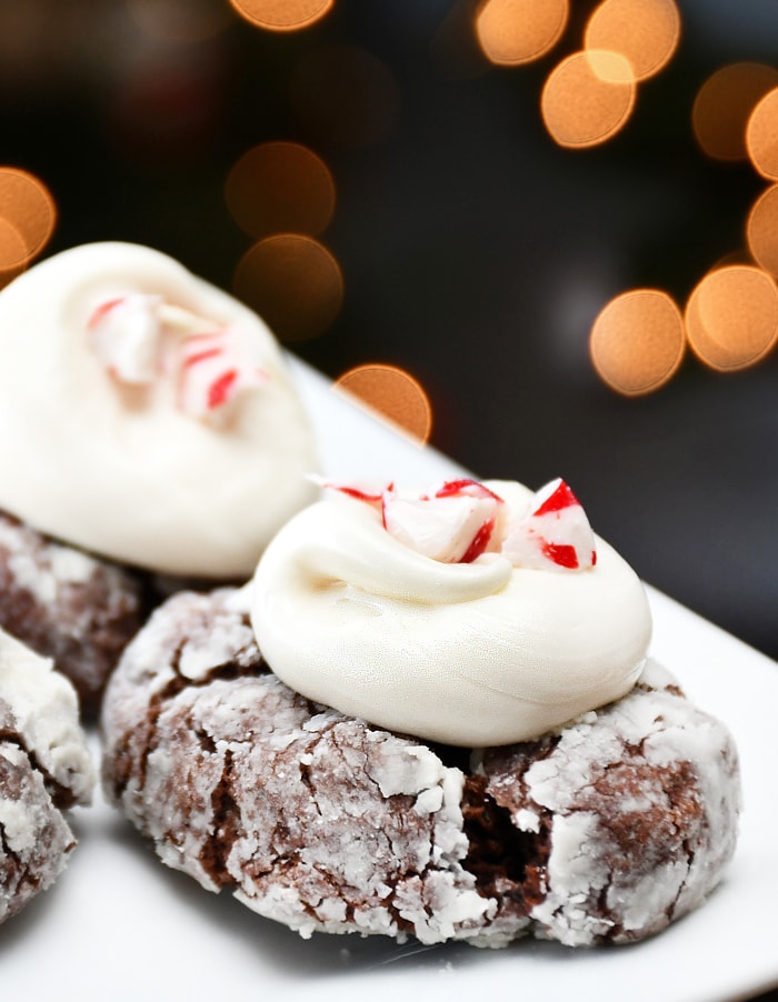 Peppermint mocha gooey butter cookies on a white plate.