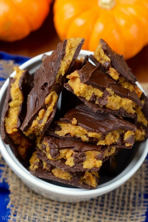 Chocolate pumpkin cookie dough bark in a bowl.