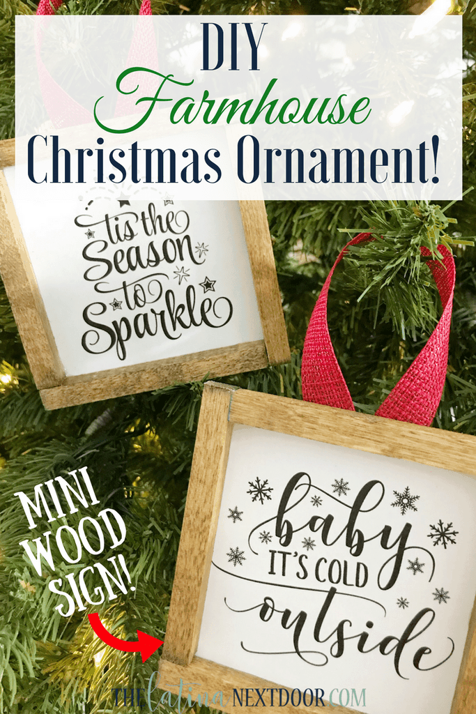 Rustic Christmas sayings framed with fabric ties on the tree.