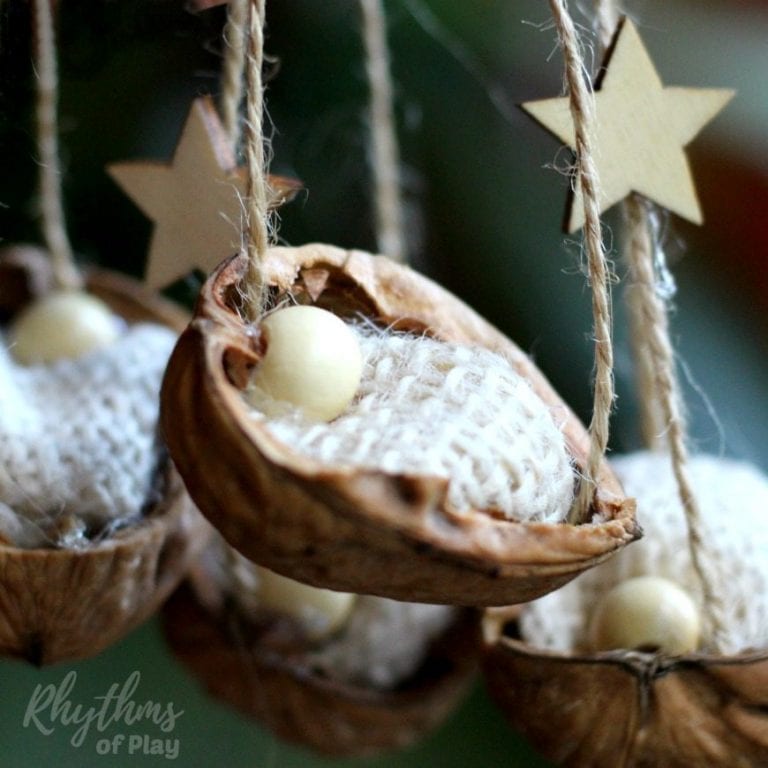 Little walnut shell ornaments on the tree.