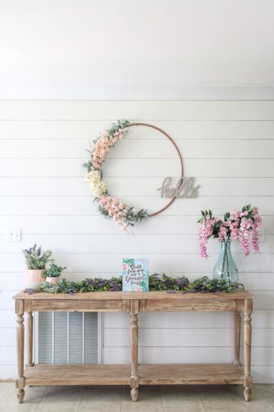 shiplap accent wall with spring decor