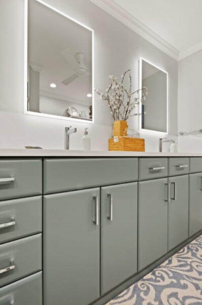 Sherwin Williams Oyster Bay bathroom cabinets