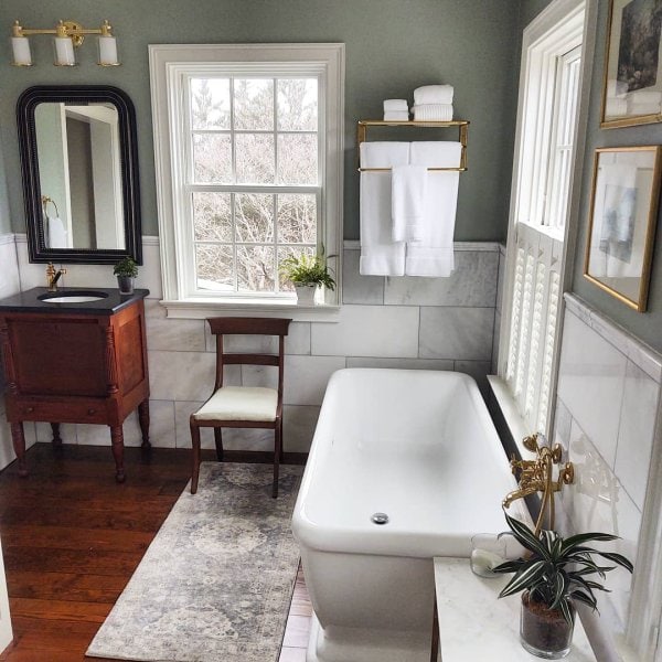 freestanding white tub in bathroom painted Sherwin Williams Oyster Bay