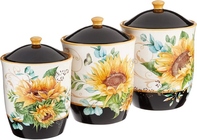 three kitchen canisters with sunflower design 