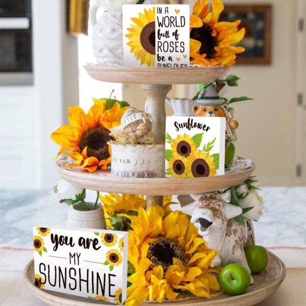 sunflower kitchen decor ideas - tiered tray decorated with silk sunflowers and sunflower signs