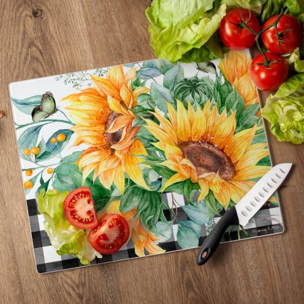 cutting board with sunflowers and black and white checkered design