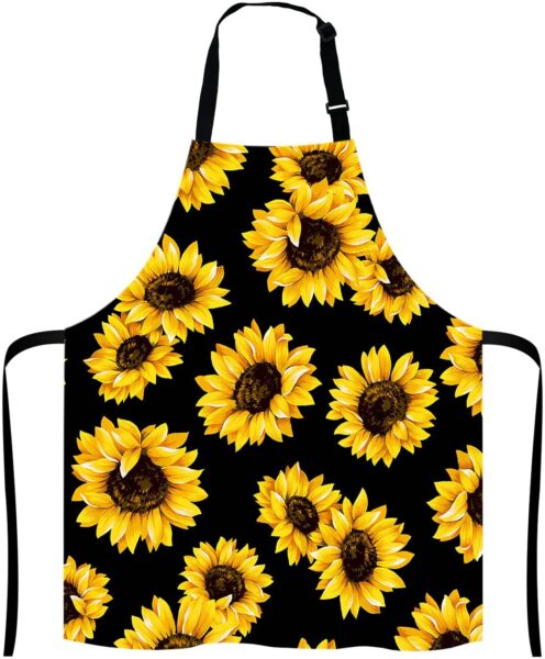 kitchen apron with black background and yellow sunflowers