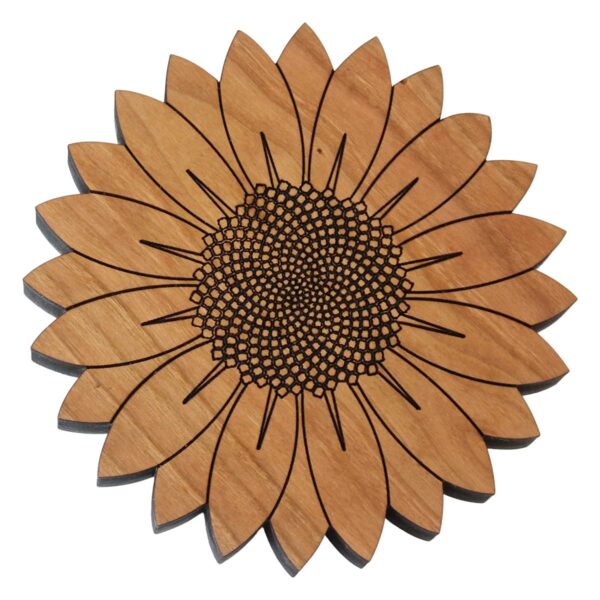 wooden trivet in the shape of a sunflower