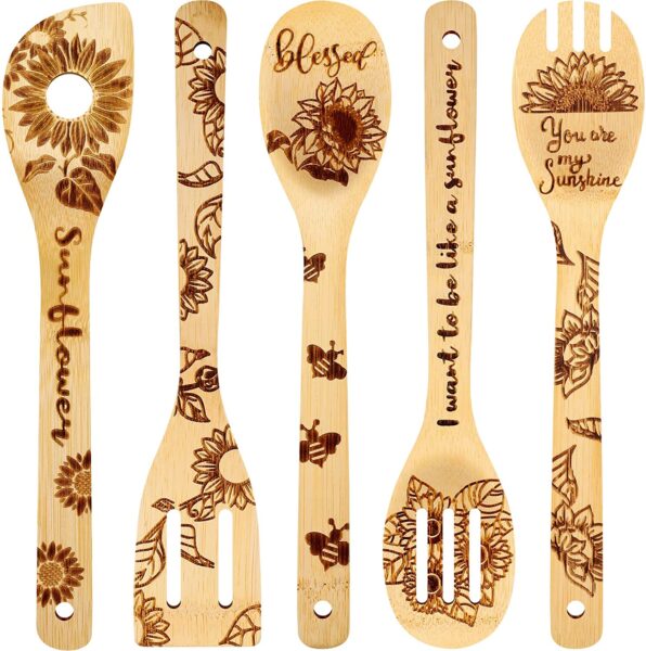 sunflower kitchen decor ideas -wooden spoons with sunflowers burnt onto the wood