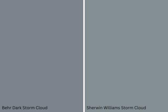 Graphic comparing two paint colors-- Behr Dark Storm Cloud on the left and Sherwin Williams Storm Cloud on the right.