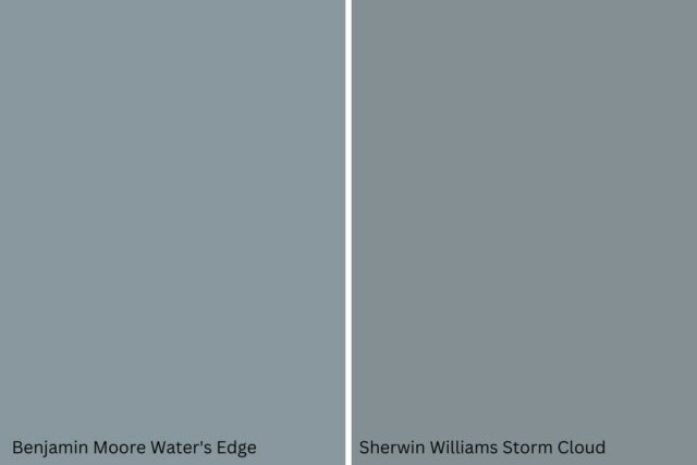 Graphic comparing two paint colors-- Benjamin Moore Water's Edge on the left and Sherwin Williams Storm Cloud on the right.