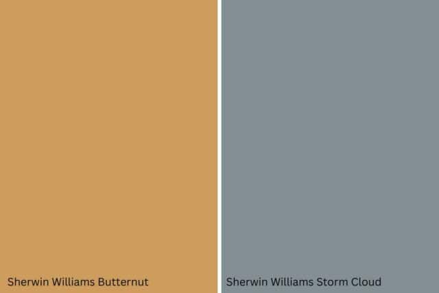 Graphic comparing two paint colors-- Sherwin Williams Butternut on the left and Sherwin Williams Storm Cloud on the right.