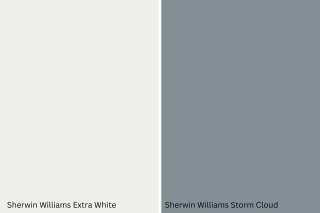 Graphic comparing two paint colors-- Sherwin Williams Extra White on the left and Sherwin Williams Storm Cloud on the right.