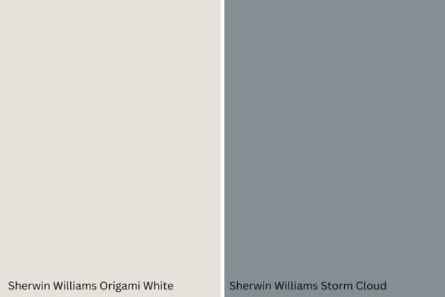 Graphic comparing two paint colors-- Sherwin Williams Origami White on the left and Sherwin Williams Storm Cloud on the right.