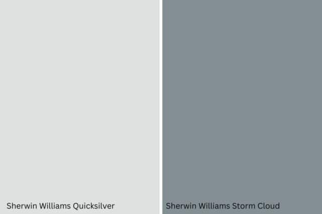 Graphic comparing two paint colors-- Sherwin Williams Quicksilver on the left and Sherwin Williams Storm Cloud on the right.