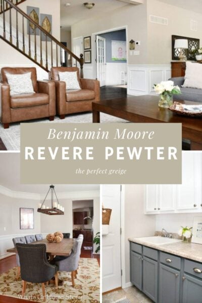 A collage of three rooms painted with Benjamin Moore Revere Pewter