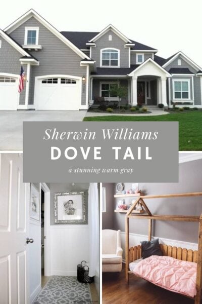 A collage of three rooms painted with Sherwin Williams Dove Tail