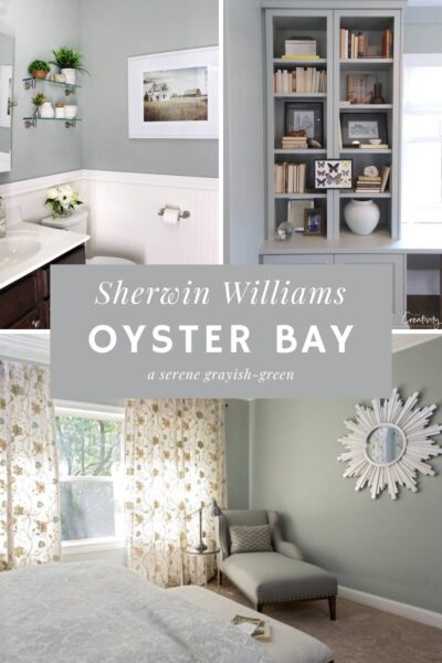 A collage of three rooms painted with Sherwin Williams Oyster Bay paint