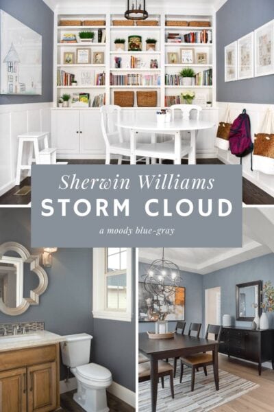 A collage of three rooms painted with Sherwin Williams Storm Cloud. 