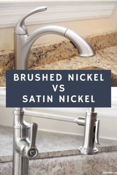 A graphic with brushed nickel faucet on top and satin nickel faucet on the bottom. Centered text box reads "brushed nickel vs satin nickel"