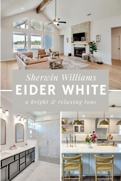 A four photo collage featuring rooms or cabinetry painted Eider White. Text overlay reads: Sherwin Williams Eider White, a bright and relaxing tone